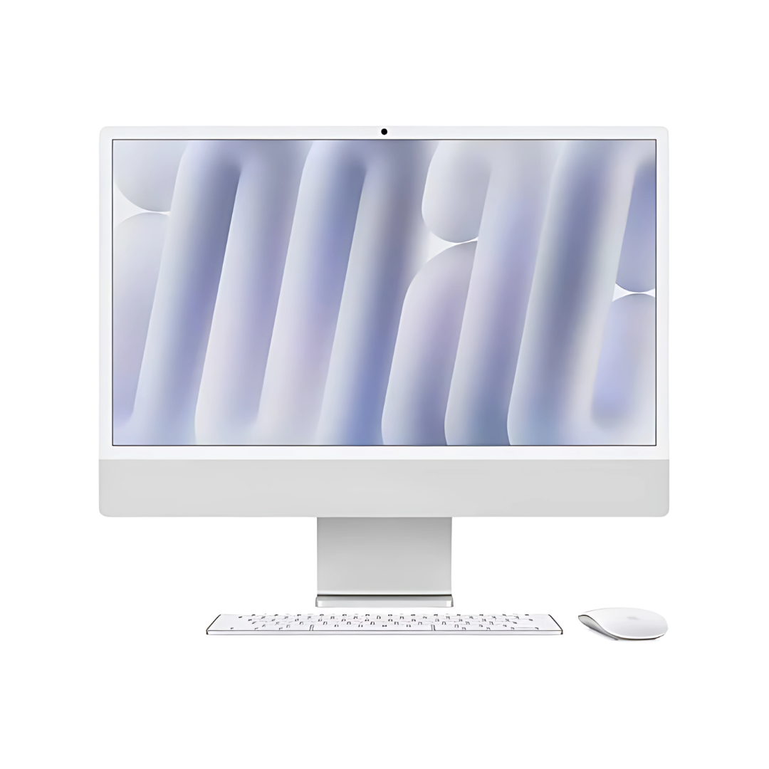 Apple iMac 24-inch MWUC3 M4 in white, front view, displaying the screen with a white and gray background, white keyboard, and white mouse. Apple iMac 24-inch MWUC3 M4 in white, front view, displaying the screen with a white and gray background, white keyboard, and white mouse.
